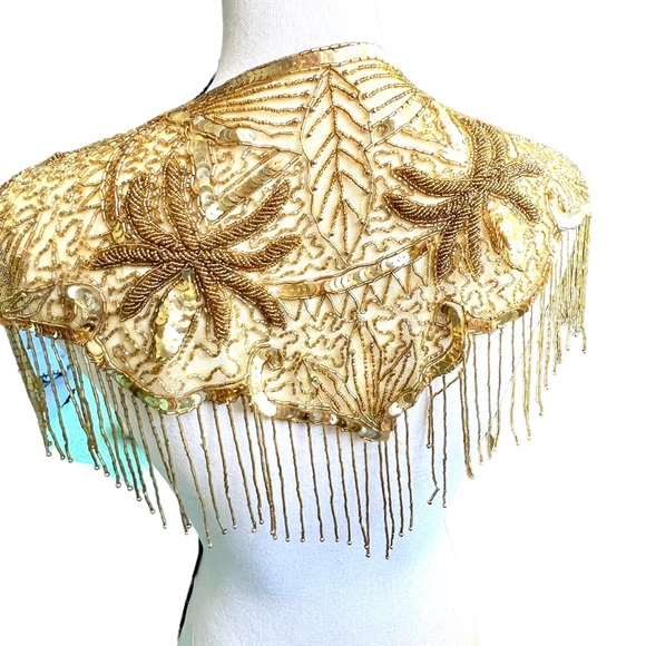 Vintage Heavily Beaded Sequined Lace Gold Tone Frilly Shrug Wrap - Picture 2 of 15